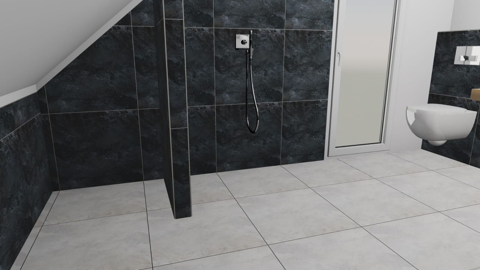 Badezimmer mit dunklen Wandfliesen, Dusche mit Handbrause und Wand-WC.