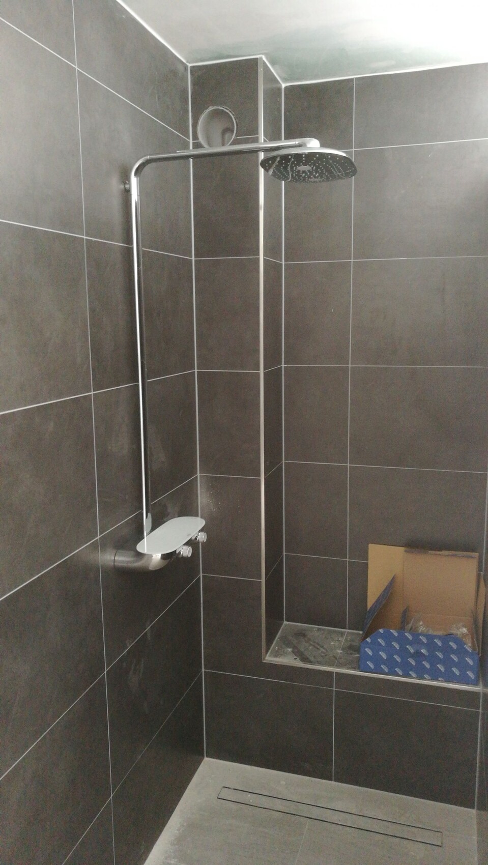 Moderne Dusche mit dunklen Fliesen, Regendusche und Edelstahlstange; Karton in der Nische.