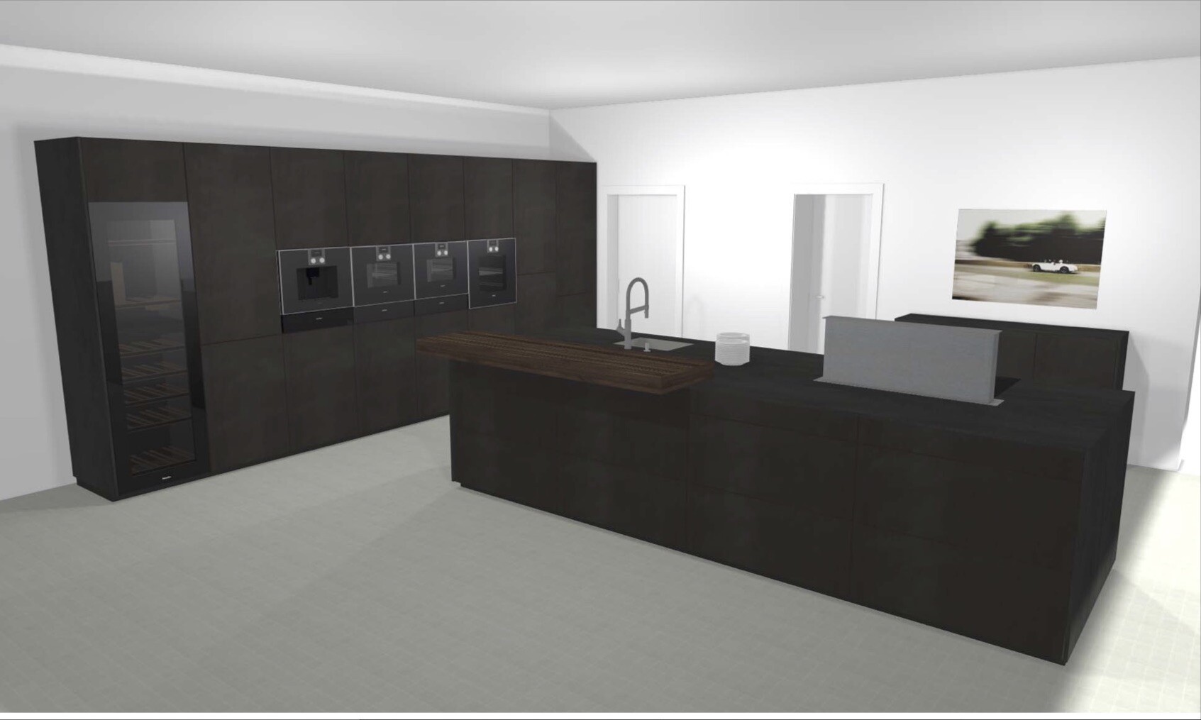 Moderne dunkle Küchenfronten mit Insel und integrierten Backöfen in einer 3D-Küche.
