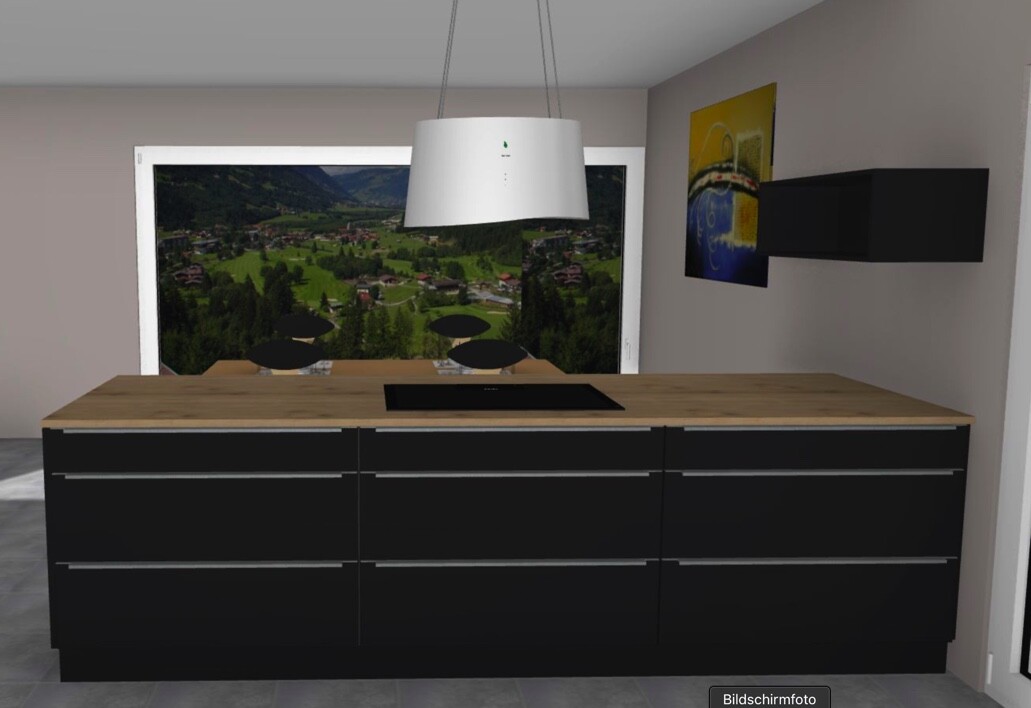 Moderne Kücheninsel mit Holzplatte, Induktionskochfeld, Dunstabzug, Panorama-Fenster und Wandkunst