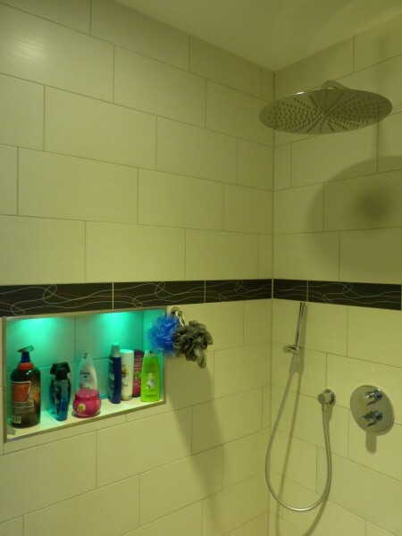 Moderne Dusche im Badezimmer mit Regen-Dusche, Handbrause und beleuchteter Nische.