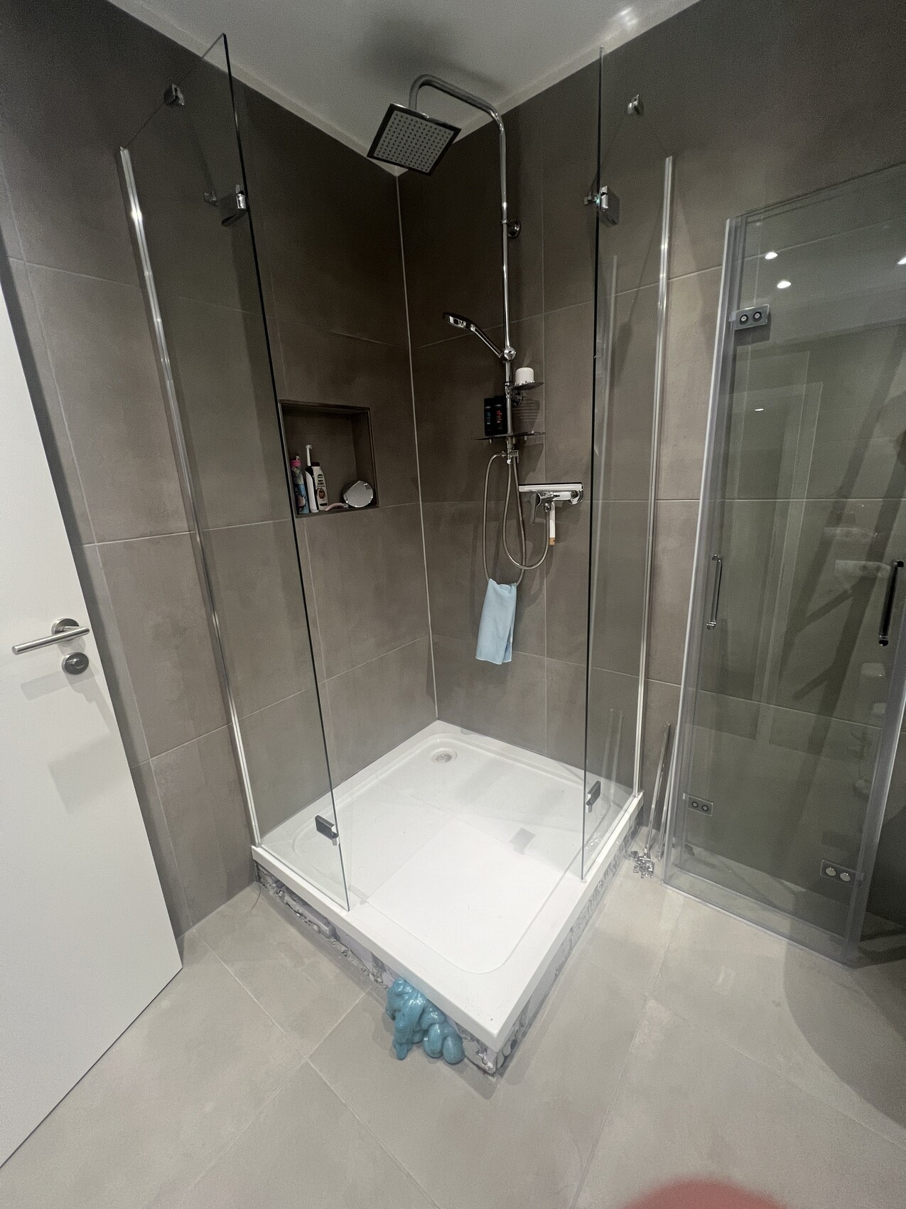 Modernes Badezimmer-Duschbereich mit Glasabtrennung, großer Regendusche, Handbrause und Ablage.