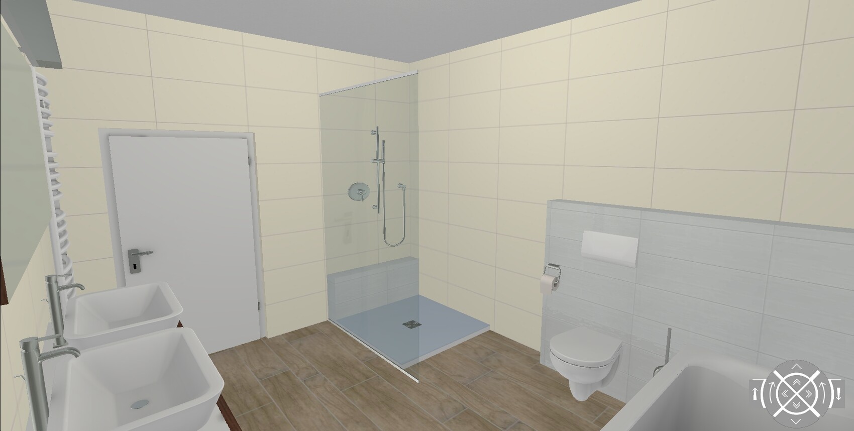 Moderne Badezimmeransicht: zwei Waschbecken, Glasdusche mit Sitzbank, WC, Badewanne, beige Fliesen.
