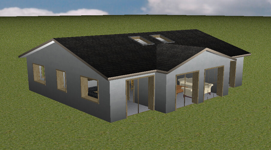 Modernes Einfamilienhaus mit dunklem Dach, großen Glas-Schiebetüren; Innenraum sichtbar.