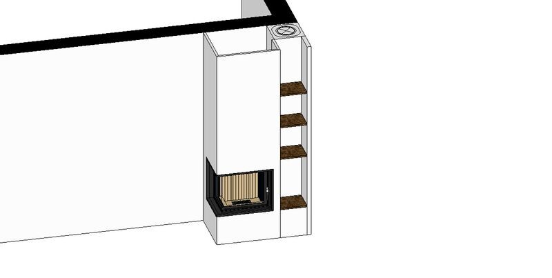 Architektonische Zeichnung eines Kamin-Einsatzes in weißer Nische mit Holzregalen