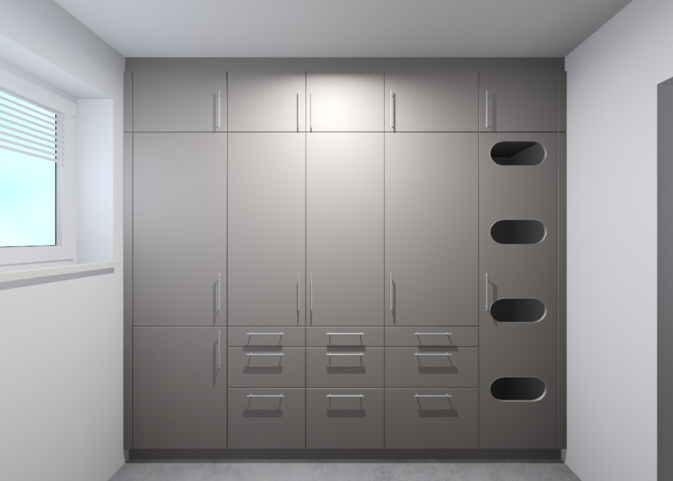 Moderne graue Einbau-Schrankwand mit vielen Türen, unten Schubladen und ovale Ablageöffnungen rechts.