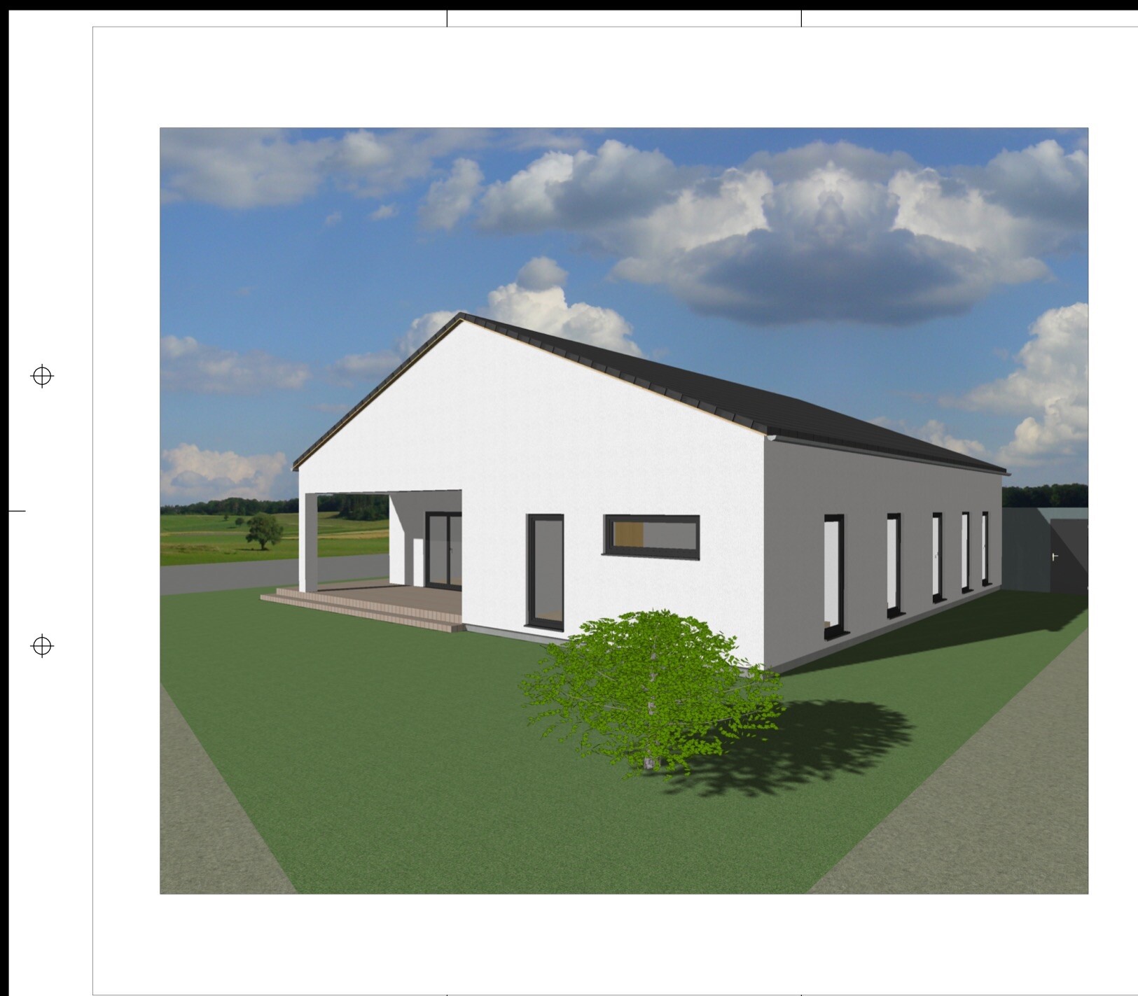 Außenansicht eines modernen Einfamilienhauses mit weißer Fassade und grauen Akzenten