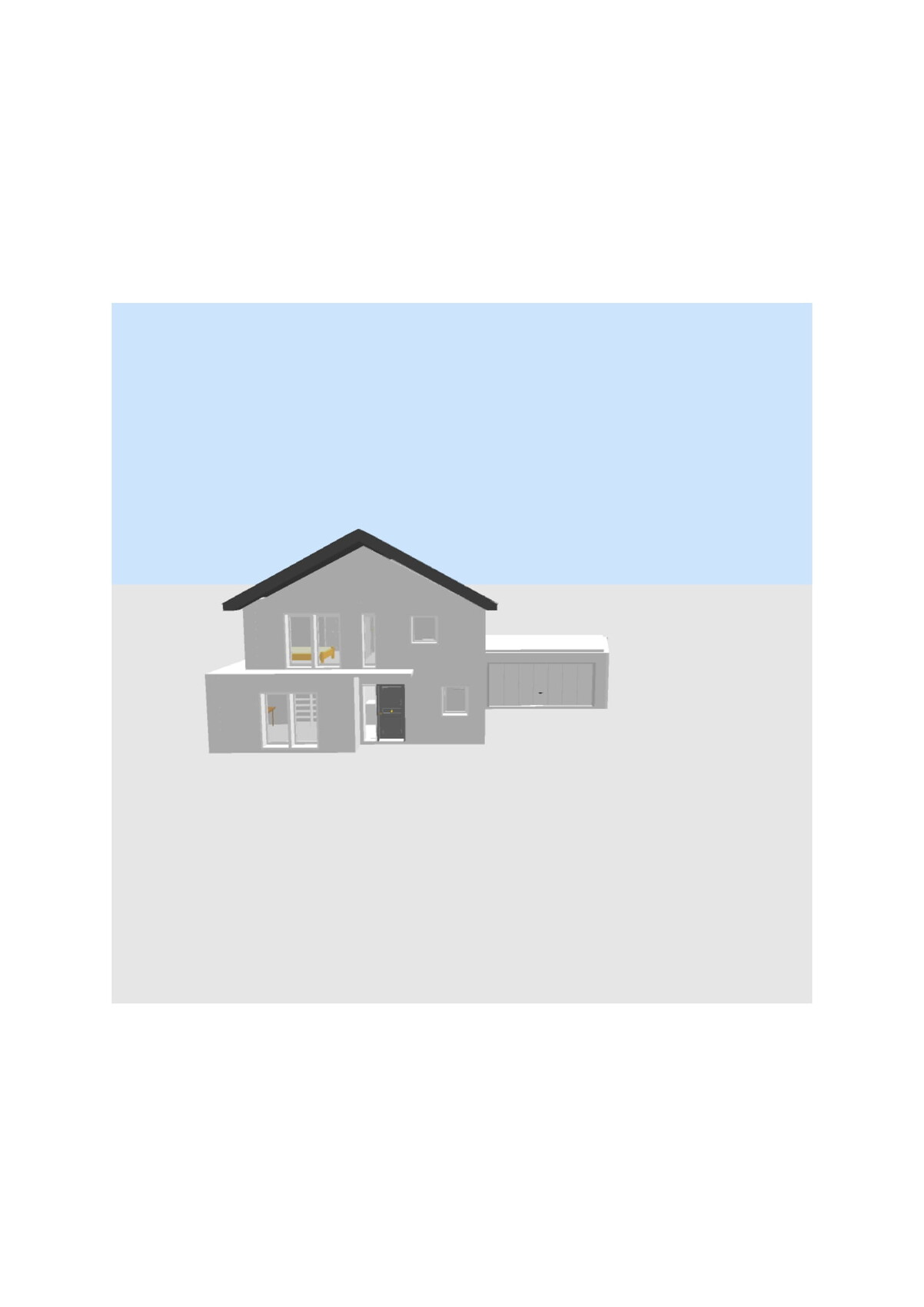 Zweistöckiges, graues Haus mit Satteldach, Balkon und Anbau-Garage vor blauem Himmel.