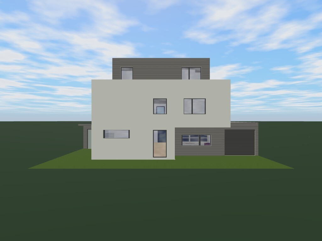 Moderne zweigeschossige Hausfassade mit weißem Block, grauer Verkleidung und Garage rechts.