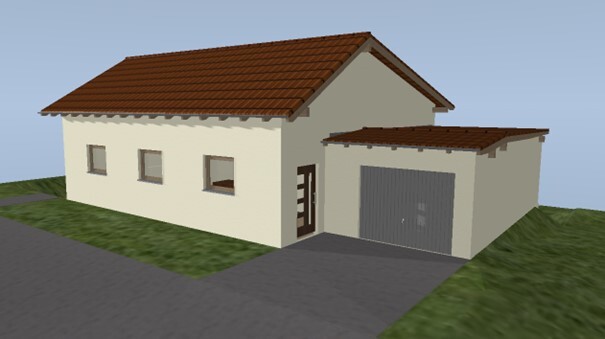 Kleines Einfamilienhaus mit rotem Ziegeldach und integrierter Garage, Zufahrt aus Asphalt.