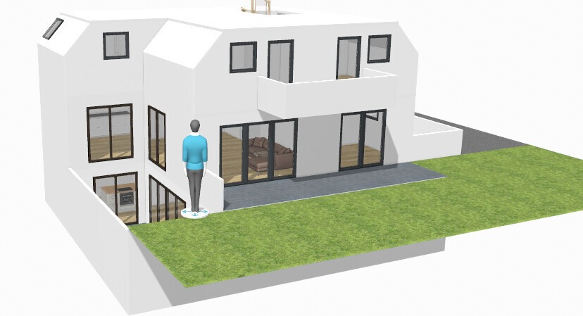 3D-Modell eines weißen Hauses mit Glasfronten, Balkon, Garten und stehender Figur.