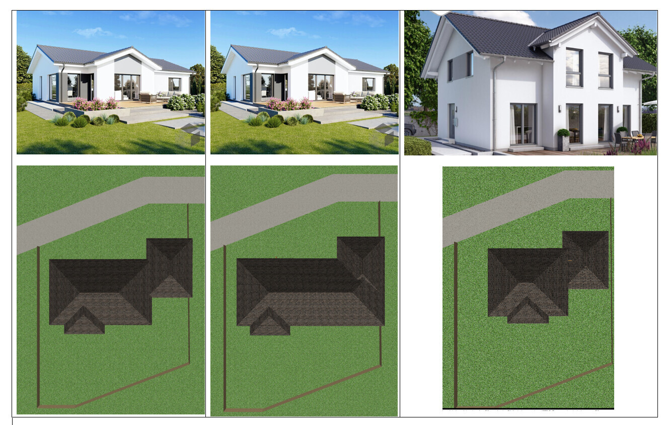 Moderne Einfamilienhaus-3D-Modelle und Grundrisspläne aus der Vogelperspektive.