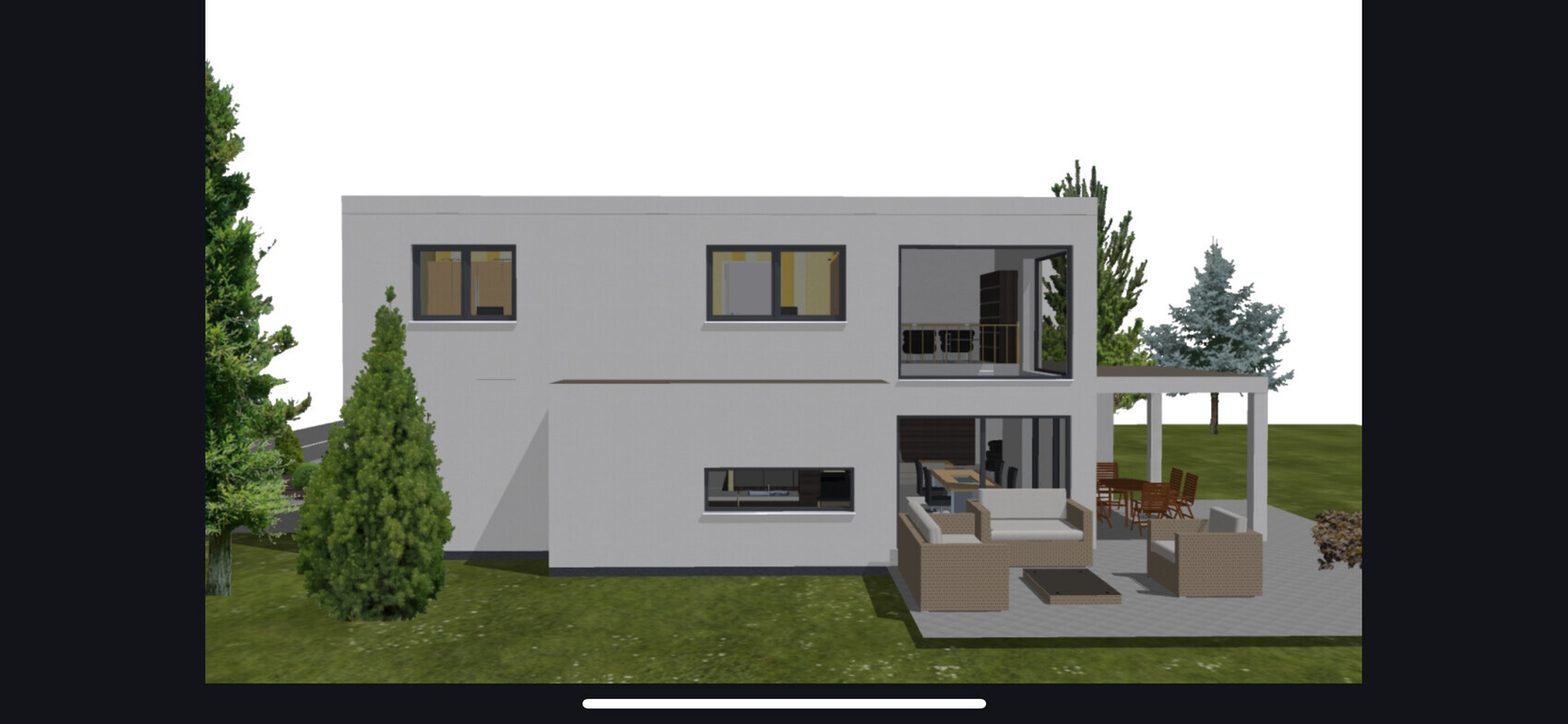 Modernes, graues Einfamilienhaus mit Terrasse, Lounge-Gruppe, Feuerstelle und Pergola.