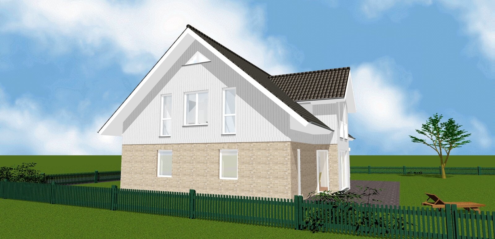 3D-Render: Zweistöckiges Haus mit weißem Putz oben, beige Backstein unten, grünem Zaun und Garten.