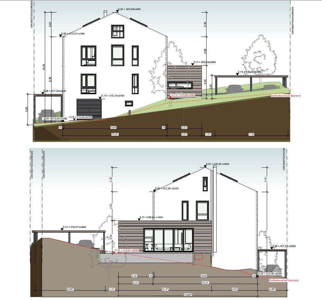 Architektenzeichnung: modernes Haus mit Front- und Seitenansicht, Hanglage, Garten und Carport.