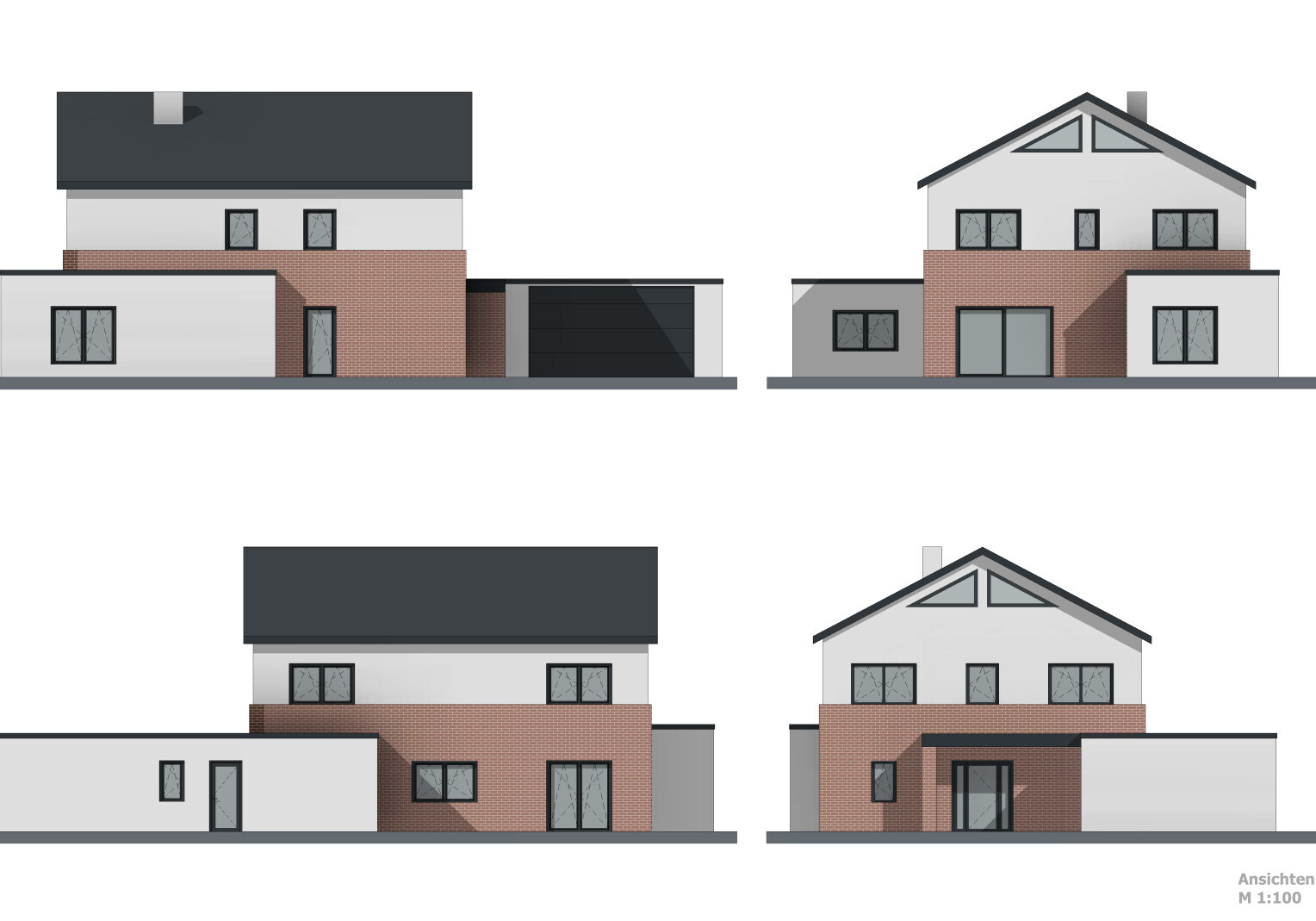 Vier Ansichten eines modernen, zweigeschossigen Hauses mit Backsteinakzenten, Dachgauben und Garage.