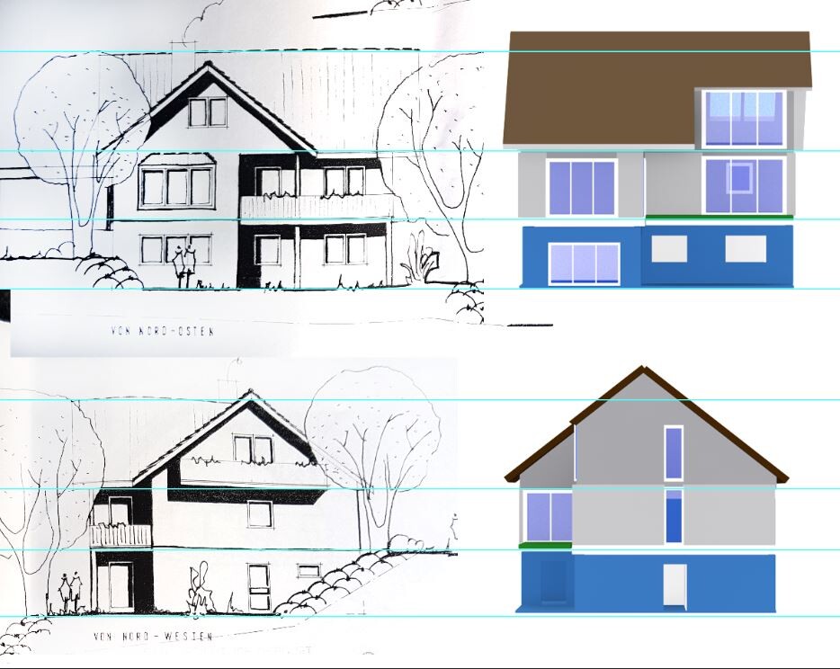 Architektenzeichnung eines modernen Einfamilienhauses mit Skizzen und farbiger 3D-Ansicht