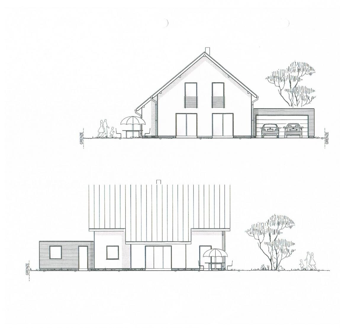 Architekturzeichnung eines modernen Einfamilienhauses mit Garage und Terrasse - Front- und Seitenansicht