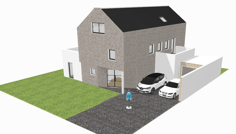 Moderne zweistöckige Backsteinvilla mit Garten, Einfahrt, zwei Autos und stehender Mensch.