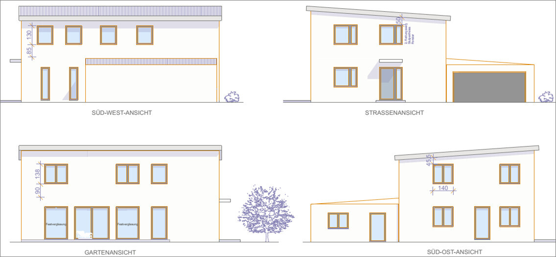 Architekturzeichnung eines modernen Einfamilienhauses mit mehreren Fassadenansichten.