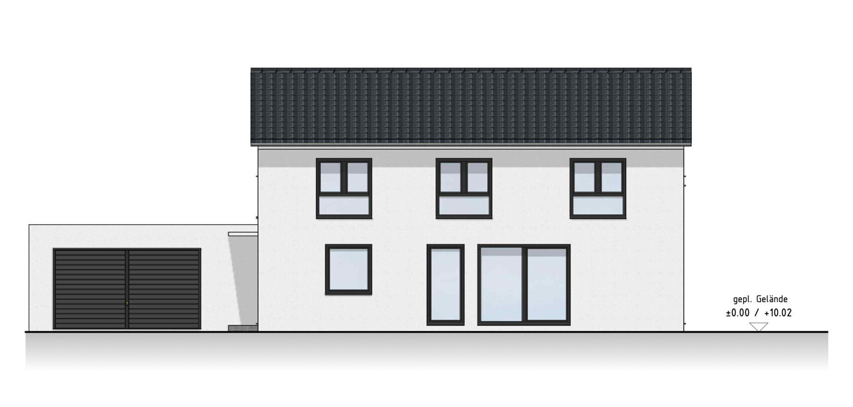 Zweistöckiges Einfamilienhaus mit weißer Fassade, dunklem Dach, großen Fenstern und Garage links.