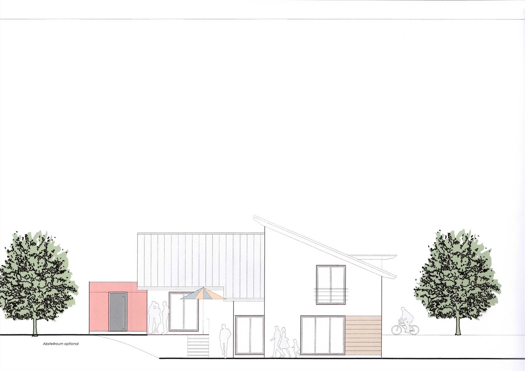 Moderne Einfamilienhaus-Fassade mit großen Fenstern und Dachneigung, Bäume seitlich