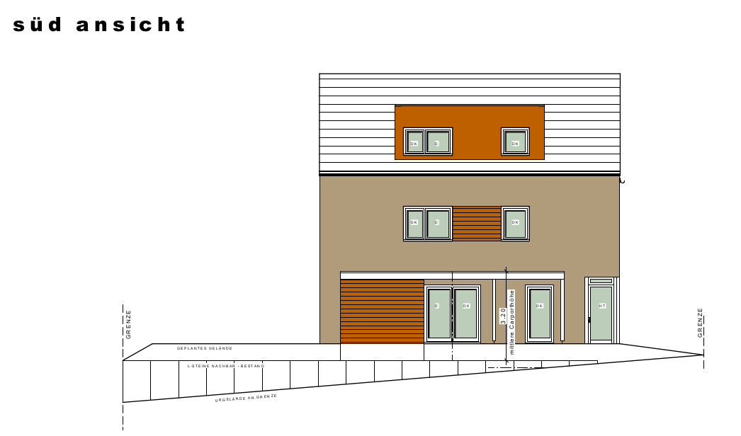 Südansicht eines modernen, mehrstöckigen Hauses mit brauner Fassade, Holzverkleidung und Fenstern.
