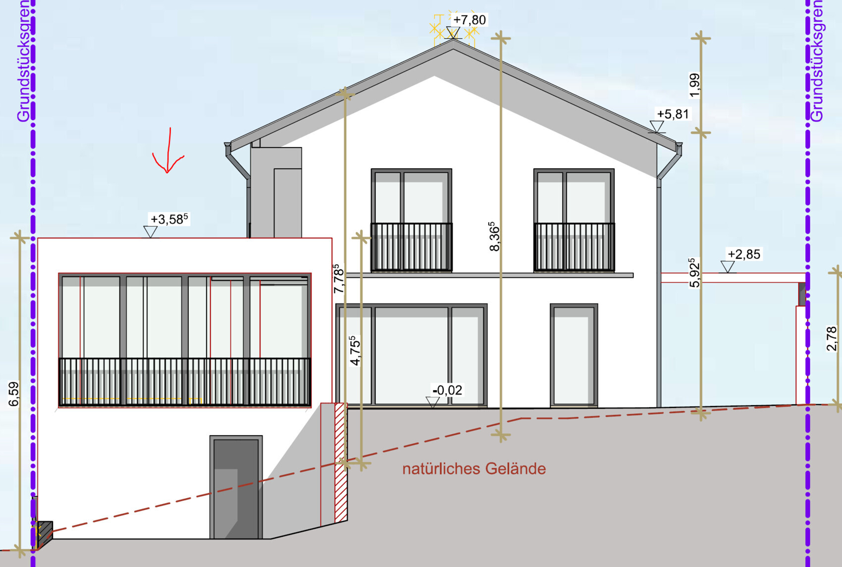 Zweistöckiges Haus mit linkem Flachdach-Anbau, Glasfronten, Balkon und Maßangaben.