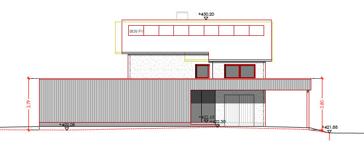 Moderne zweigeschossige Hausfront als Architekturzeichnung mit Fenstern und Eingang