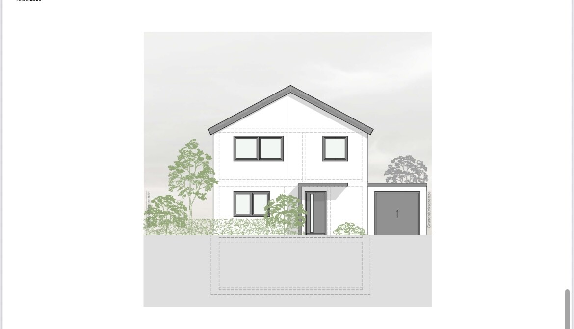 Frontansicht eines zweigeschossigen Hauses mit Garage rechts und begrüntem Vordergrund