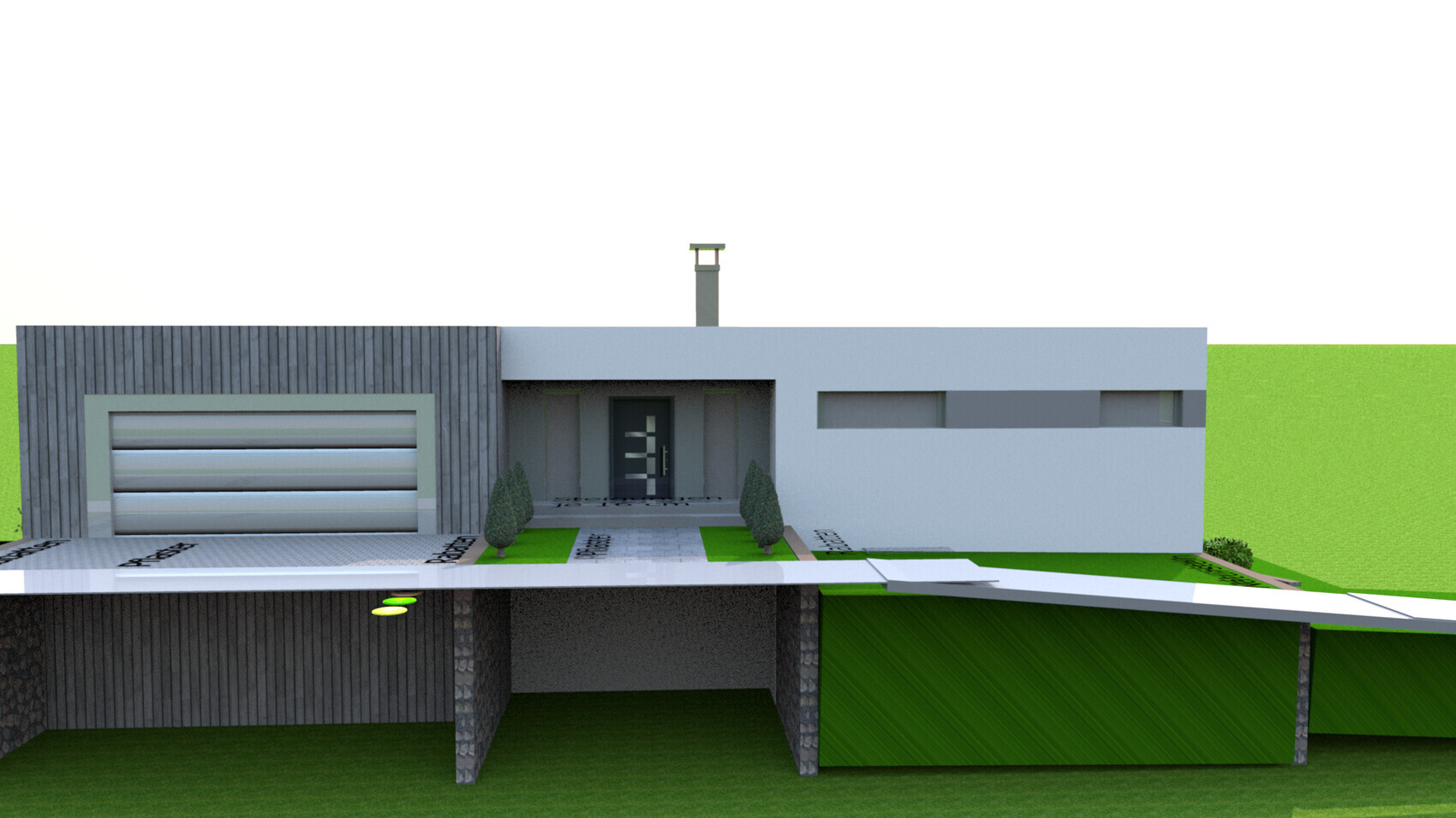 Moderne Hausfront mit Garage, Eingangstür, Schornstein und Grünflächen.