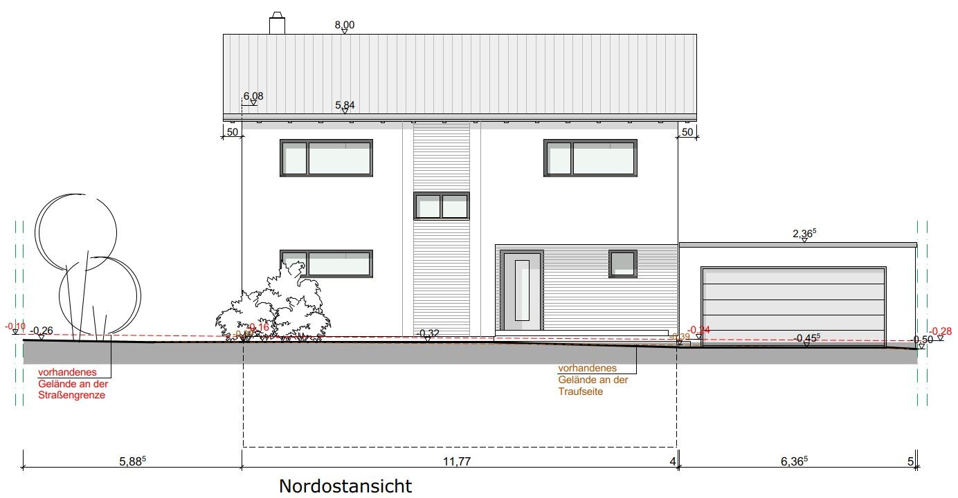 Nordostansicht eines modernen zweistöckigen Hauses mit Garage rechts und Garten links
