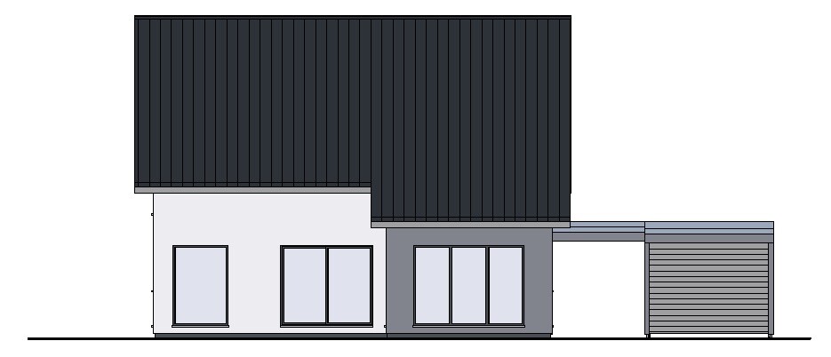 Moderne Hausfassade mit dunklem Hochdach, großen Fenstern und angeschlossener Garage.