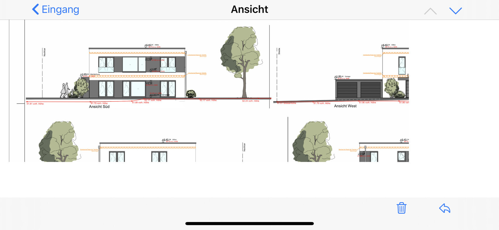 Moderne Doppelhaushälfte: Süd- und Westansicht mit Baum, Garage und Terrasse.