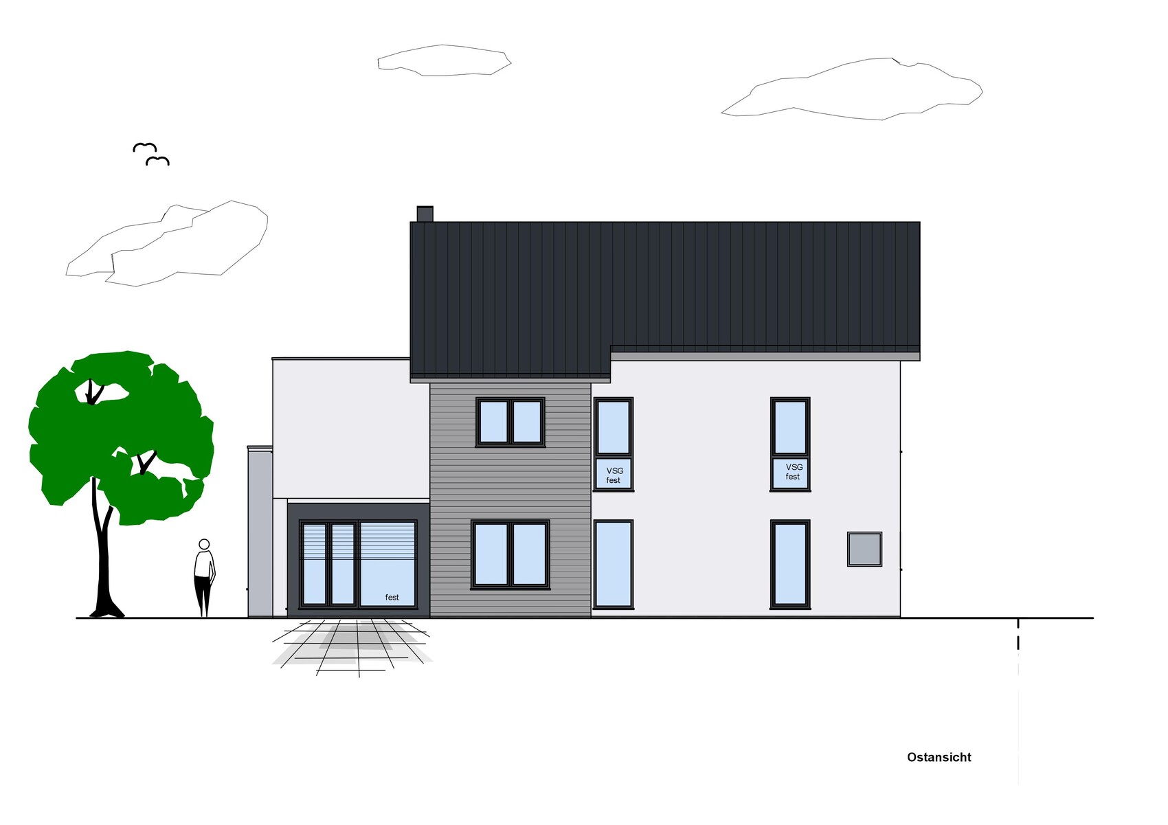 Ostansicht eines modernen Hauses, graue Fassade, dunkles Dach, Baum links, Person davor.