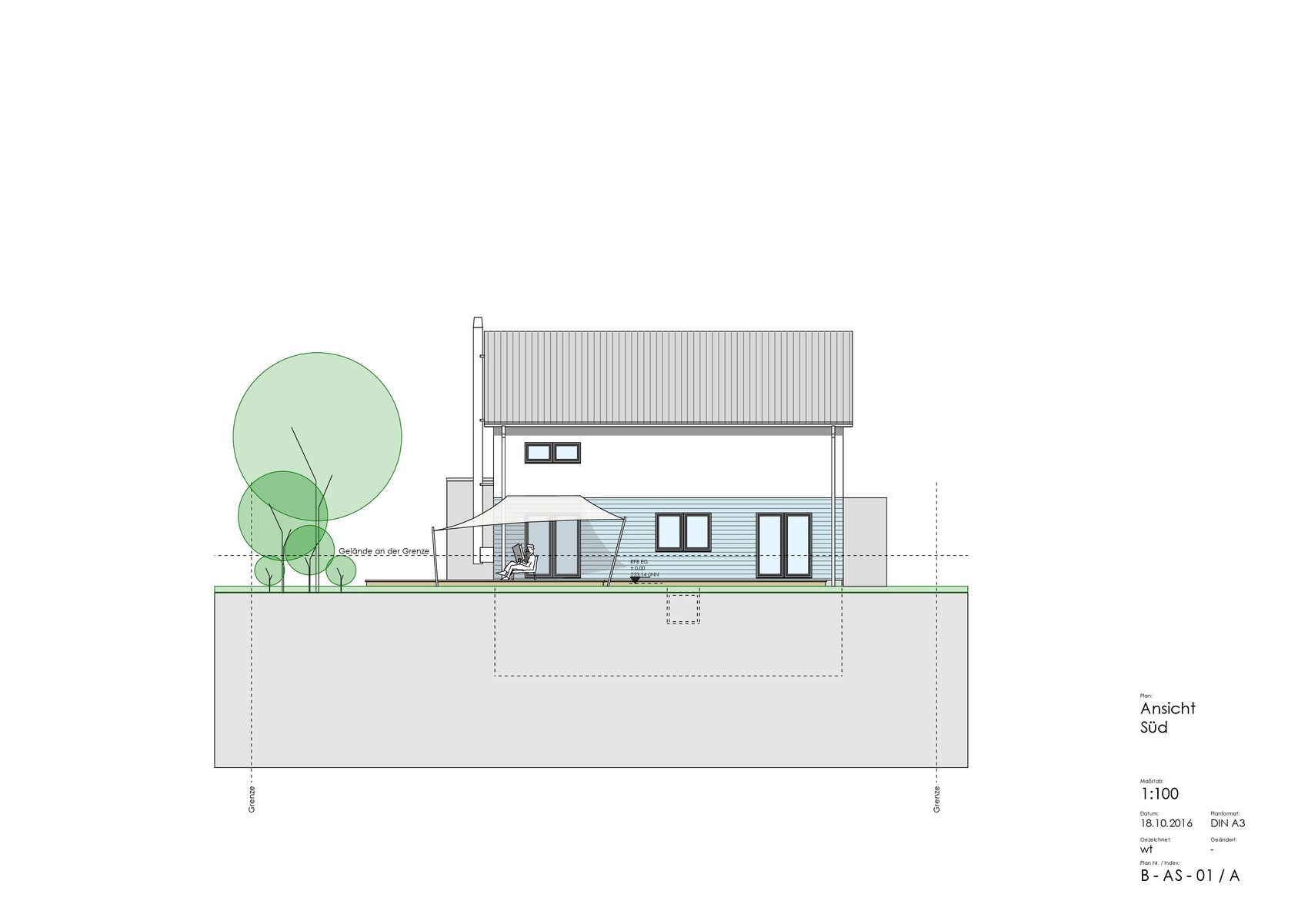 Südansicht eines modernen Hauses mit Terrasse, Pergola, großen Gartenbäumen und einer Person.