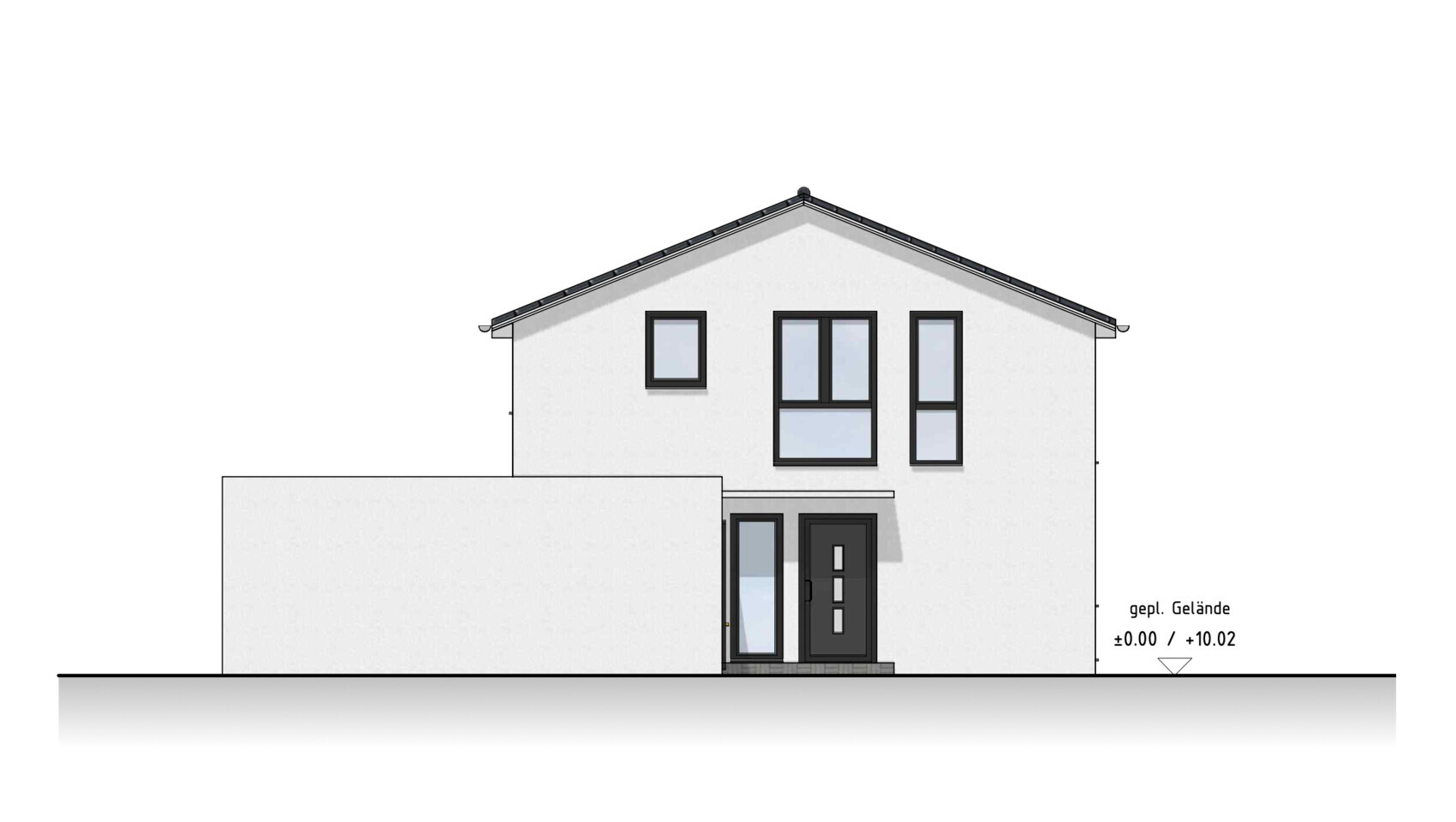 Moderne weiße Einfamilienhaus-Silhouette mit Satteldach, dunklen Fenstern und seitlichem Anbau.