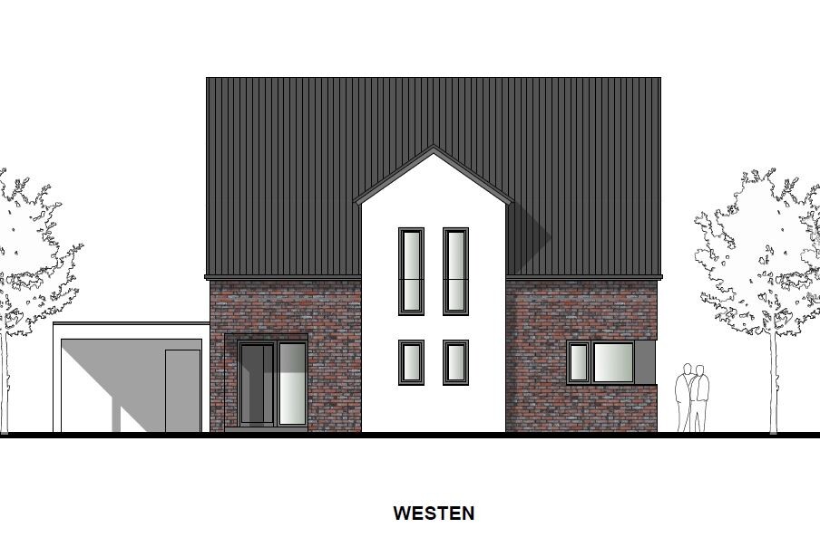 Westfassade eines modernen Hauses: Backstein unten, weißer Mittelteil, Garage links.