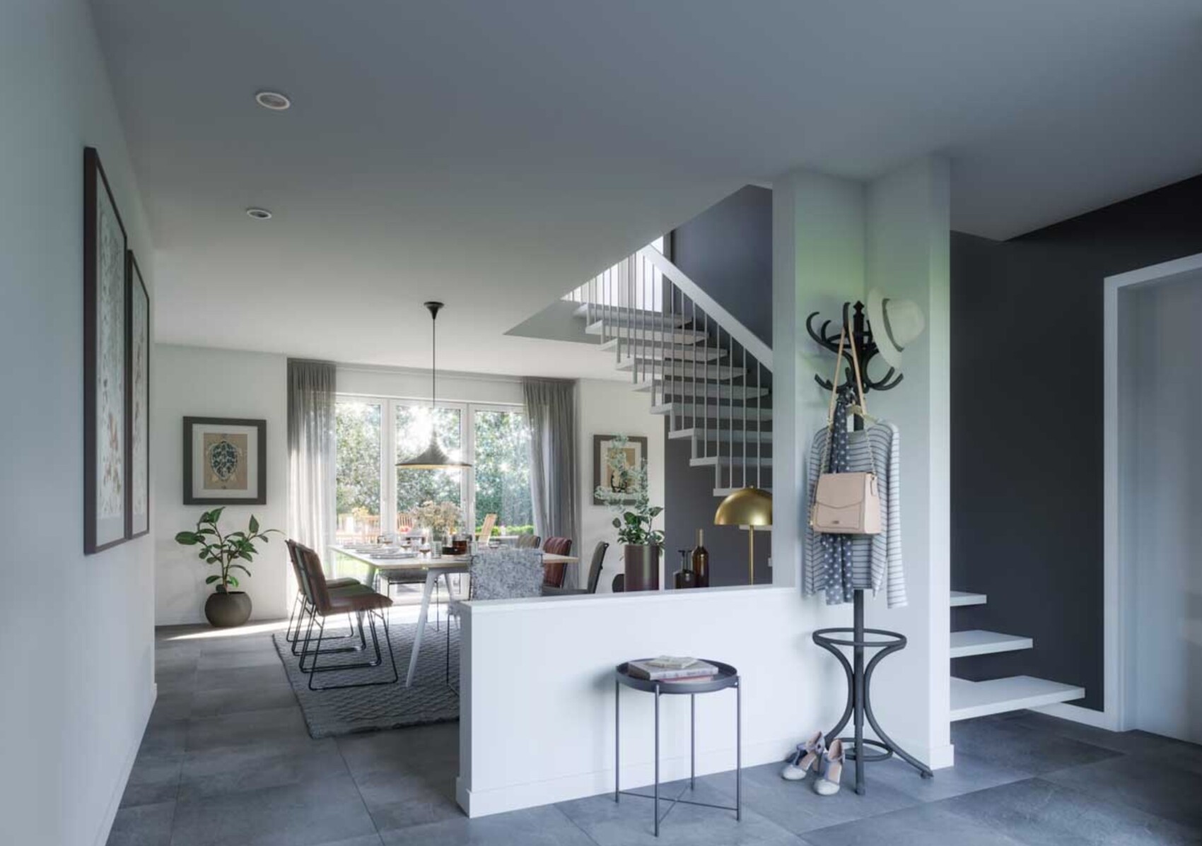 Offenes Wohnzimmer/Esszimmer mit Esstisch, Stühlen, Treppe und Garderobe.
