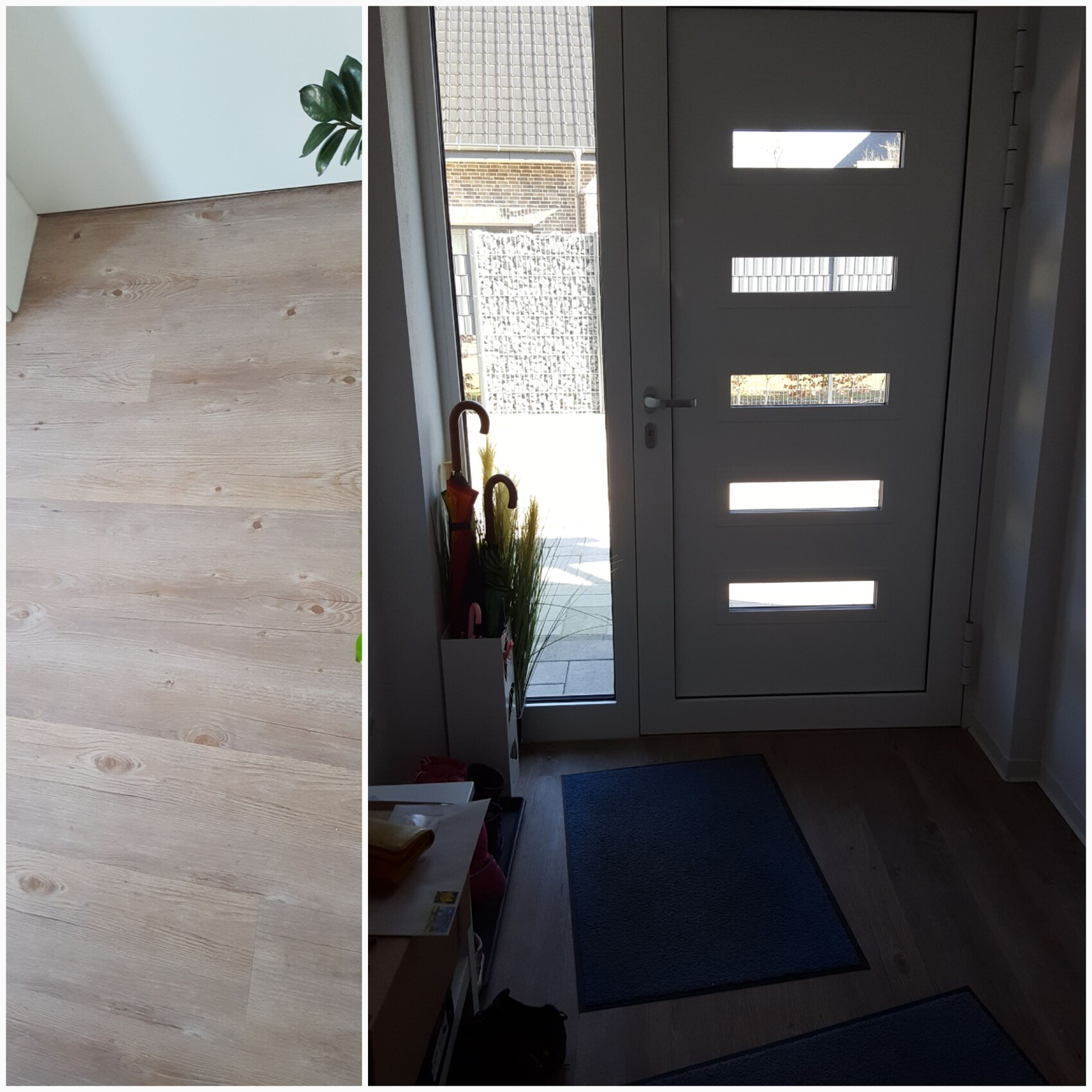 Zwei-teilige Aufnahme: Holzfußboden links, moderne Haustür rechts mit Matte und Schirmständer.