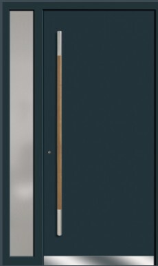 Dunkelblaue Eingangstür mit schmalem Glasfenster links und vertikal langem Griff.