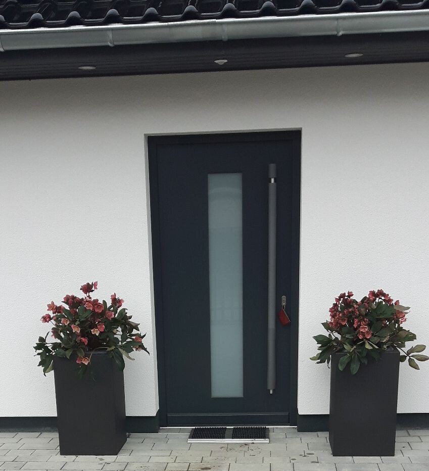 Moderne dunkle Tür mit vertikalem Glasfenster, flankiert von roten Blumen in schwarzen Pflanzkübeln.