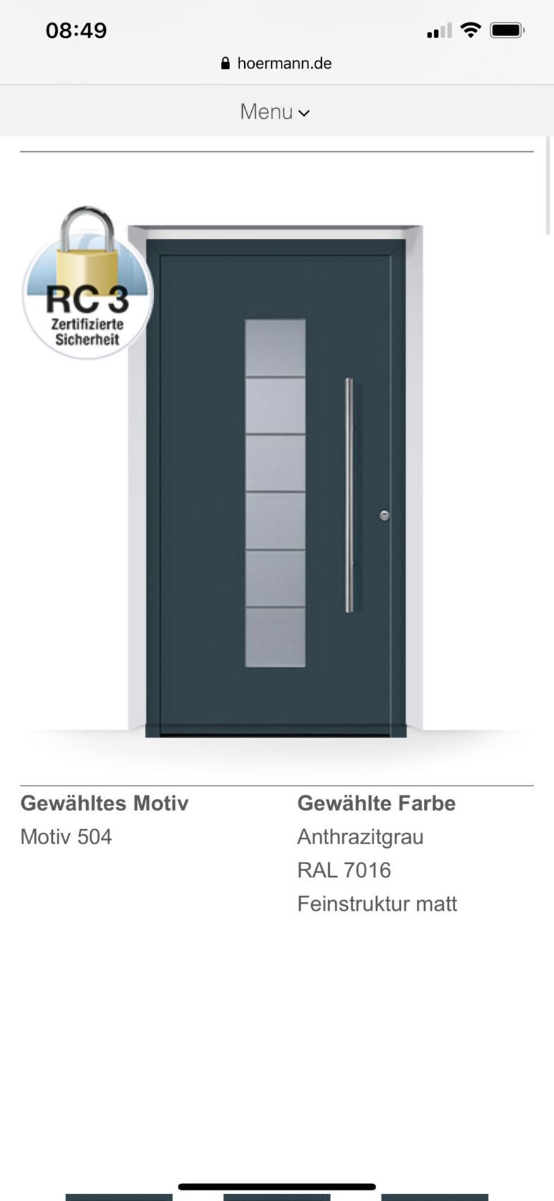 Türfront in Anthrazitgrau mit vertikaler Glasleiste und langem Griff rechts; RC3-Sicherheitssiegel