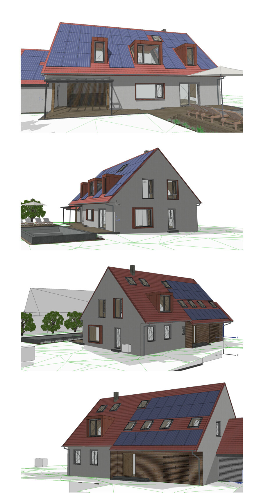 Mehrere Ansichten eines Hauses mit blauen Solarpanelen auf rotem Dach, Terrasse und Garten.