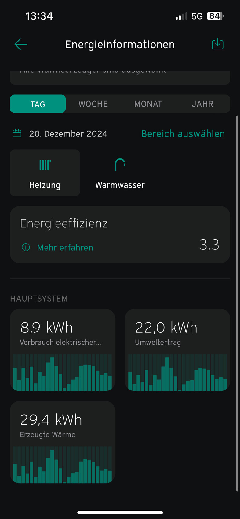 Screenshot der Energieinformations-App: Tag-Ansicht, Heizung/Warmwasser, Verbrauch & Wärme