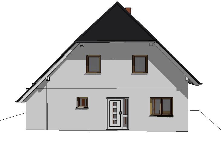Frontansicht eines grauen Einfamilienhauses mit Satteldach, vier Fenstern und zentraler Glastür.