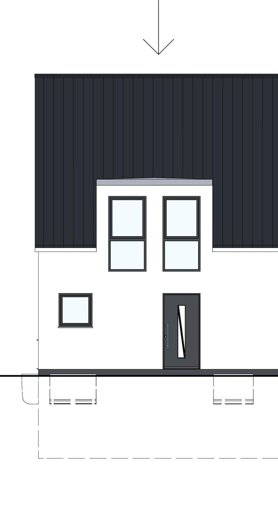 Moderne weiße Hausfront mit dunklem Dach, zwei großen Fenstern und dunkler Eingangstür.