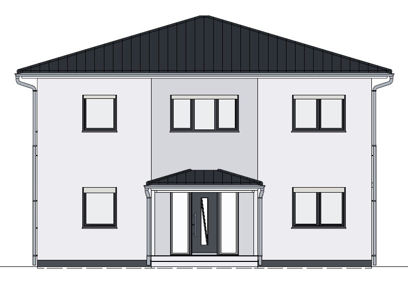 Zweistöckiges Wohnhaus mit grauer Fassade, dunklem Satteldach und zentraler Glastür.