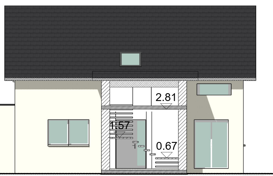Ansicht eines modernen Hauses mit dunklem Ziegeldach, heller Fassade, zentrale Tür und Fenster.