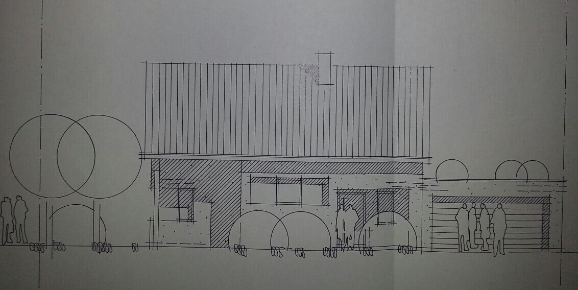 Frontansicht eines modernen Hauses mit Garage, Bäumen und Menschen, Architekturskizze